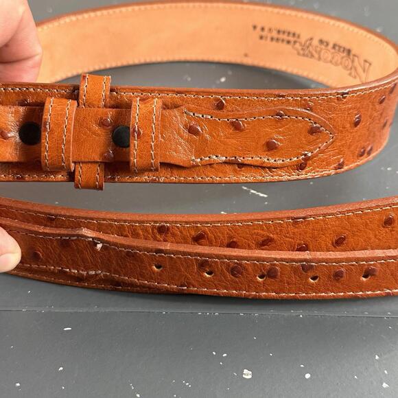 VTG Nocona Belt Unisex 30 Tan Brown Leather Ostrich Print NWT USA Made - Picture 1 of 7